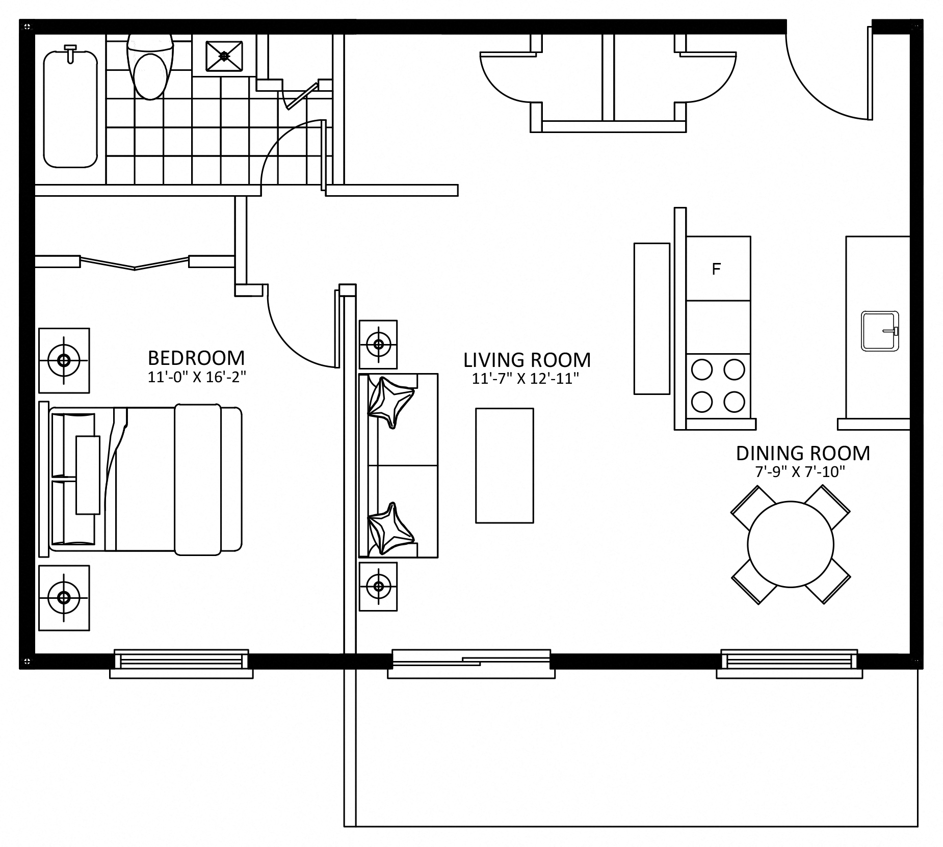 Floor plan for 1 bed, 1 bath, 702 sqft